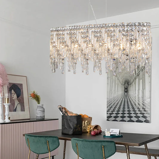 Élodie Oval Crystal Chandelier – Silver Linear Pendant for Dining & Living Spaces